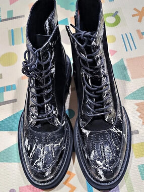 Marc Nolan Aiden Black Croc Leather Combat Boots US 10